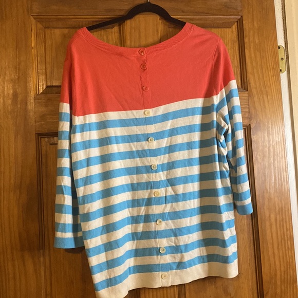 Light weight Talbots coral/white and blue striped sweater buttons on back - Picture 5 of 7